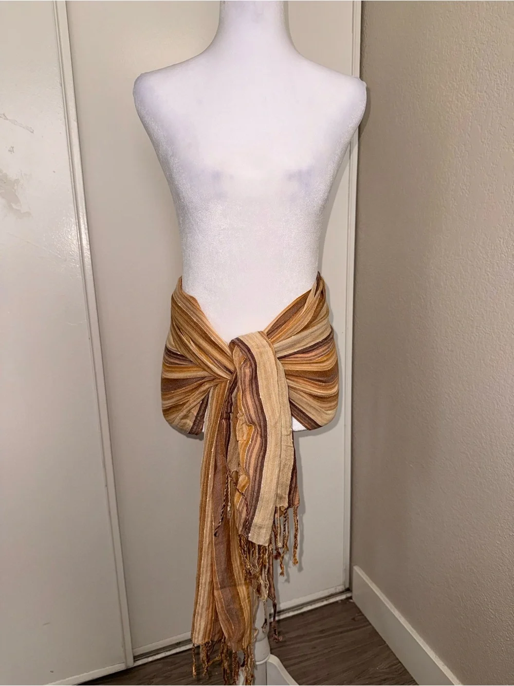 Striped Wrap Skirt in Brown and Tan, scarf, and top